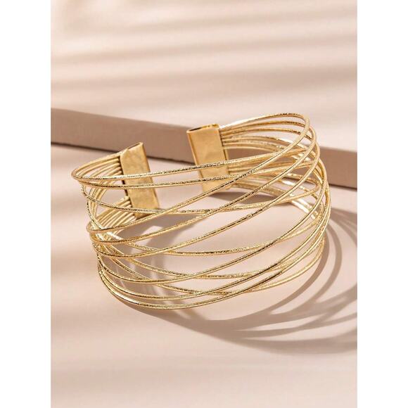 Elegant Classy Gold Wire  Multi-Strand Cuff Bangle Statement Bracelet - Picture 1 of 3